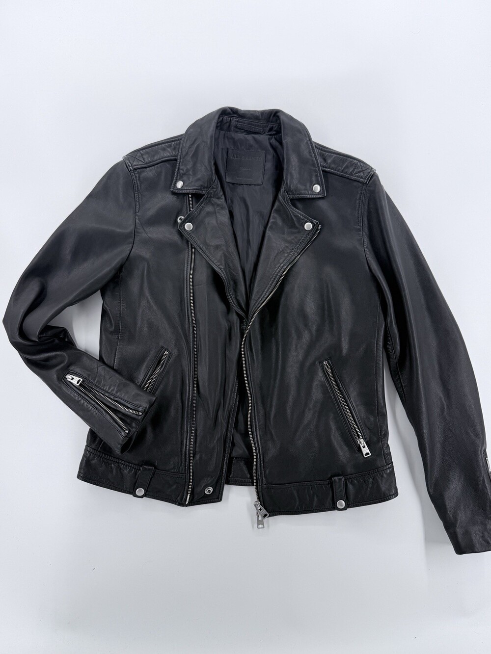 AllSaints Men's Black Genuine Leather Biker Jacket Small Asymmetrical Zip